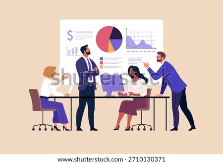 Financial Strategy Concept. Vector cartoon illustration of a business team discussing analytics and charts during a meeting, planning financial goals, reviewing data and developing strategic decisions