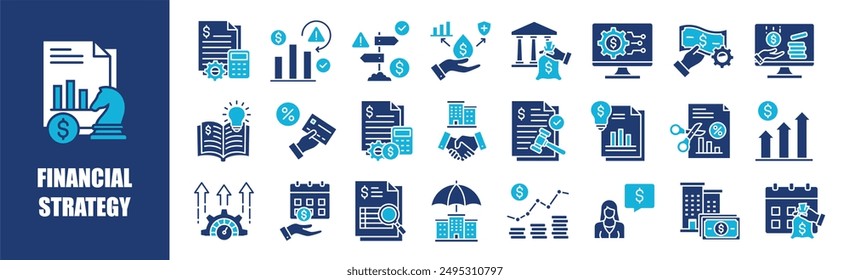 Kollektion der Finanzstrategiesymbole. Enthalten Design, Strategie, Finanzen, Unternehmen, Finanzen, Wachstum, Investitionen und mehr. Kollektion von Vollvektorsymbolen.	