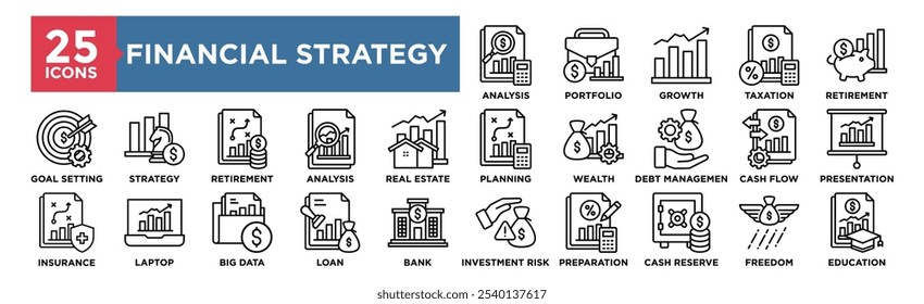 Conjunto de coleta de ícones da Estratégia Financeira. Contendo estratégia de design, financeiro, investimento, análise, negócios, finanças