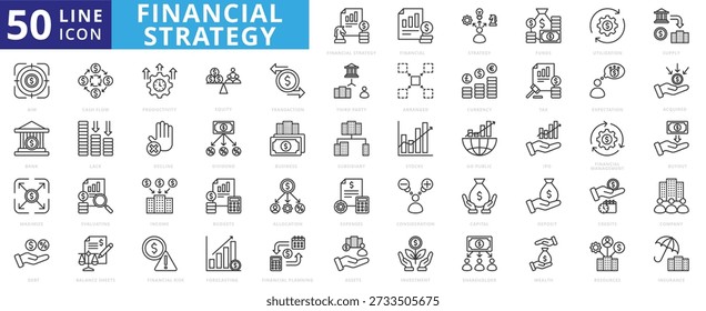 financial strategy icon outline pack contains go public, utilization, third party, acquired, lack, decline, dividend, subsidiary, ipo, stocks, return on investment, consideration, credits, arranged
