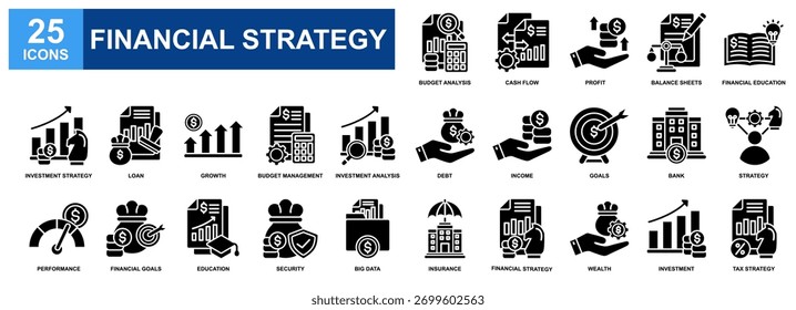 Conjunto de iconos de estrategia financiera colección. Diseño de contención Presupuesto Análisis, Beneficio, Flujo de efectivo, Deuda, Objetivos financieros