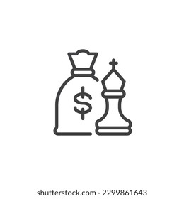 Icono de línea de estrategia financiera. signo de estilo lineal para concepto móvil y diseño web. Bolsa de dinero e icono vectorial del contorno del ajedrez. Símbolo, ilustración del logotipo. Gráficos vectoriales