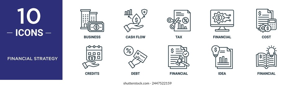 Das GliederungssymbolSet der Finanzstrategie umfasst Thin Line Business-, Cashflow-, Steuer-, Finanz-, Kosten-, Gutschriften-, Verschuldungssymbole für Bericht, Präsentation, Diagramm, Webdesign