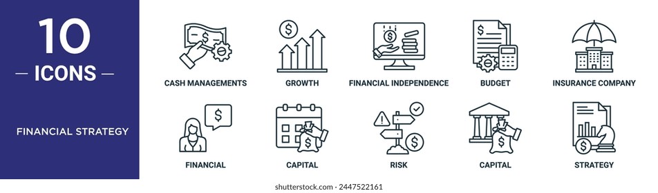 financial strategy outline icon set includes thin line cash managements, growth, financial independence, budget, insurance company, financial, capital icons for report, presentation, diagram, web