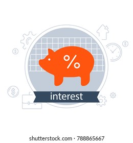 Financial strategy, piggy bank, interest rate concept, return on investment, budget planning, income growth, fund raising, percentage sign, savings account, finance loan, vector flat icon