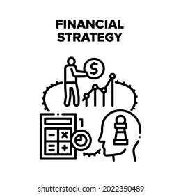 Concepto de icono del vector de planificación de la estrategia financiera. Planificación Y Visión De Estrategia Financiera, Cálculo De La Gestión De Beneficios Y Finanzas. Empresario Pensando En El Plan De Economía De La Empresa Ilustración Negra