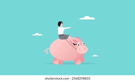 financial strategy for retirement or pension time, money management, future goal with investment, saving money, businesswoman riding a piggy bank illustration