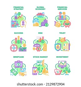 Die Finanzstrategie setzt Symbole Vektorgrafiken. Finanzdienstleistungen und Investitionen, Geschehen zu Weltwirtschaft und Erfolg, Geschäftsrisiken und Vertrauen, Börsen- und Verkaufsfarben-Illustrationen