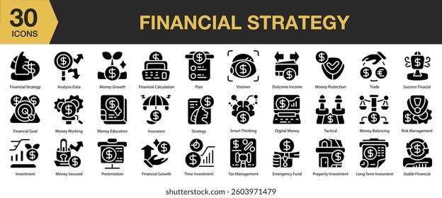 Financial Strategy solid icon set. Includes business, growth, success, strategy, investment, and More. Solid icons vector collection.