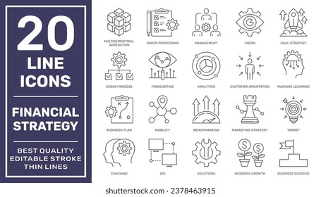 Conjunto de iconos vectoriales de estrategia financiera. Conjunto de iconos web de negocios y finanzas - colección de iconos de esquema, vector Stroke editable. EPS 10