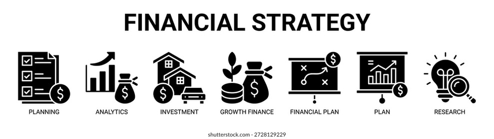 Estratégia financeira ícone de banner web vetor ilustração conceito com ícone de planejamento financeiro, análise, investimento, financiamento de crescimento, plano financeiro, plano e pesquisa.