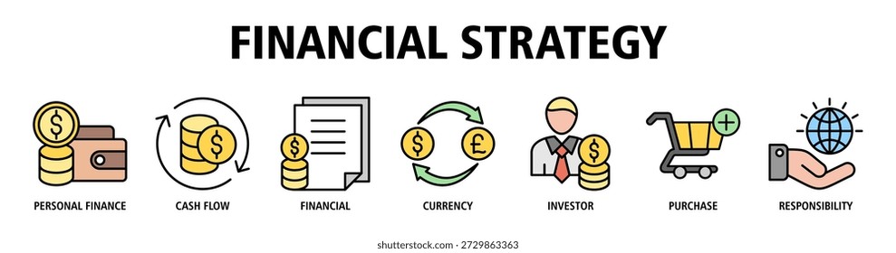 Estratégia financeira ícone de banner web vetor ilustração conceito com ícones de finanças pessoais, fluxo de caixa, gestão financeira, moeda, investidor, compras, responsabilidade.