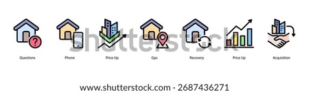 Financial Strategy web banner icon vector illustration featuring Questions, Phone, Price Up, Gps, Recovery, Price Up, and Acquisition.