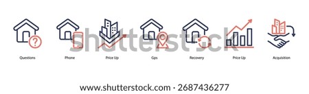 Financial Strategy web banner icon vector illustration featuring Questions, Phone, Price Up, Gps, Recovery, Price Up, and Acquisition.