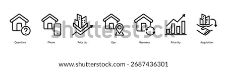 Financial Strategy web banner icon vector illustration featuring Questions, Phone, Price Up, Gps, Recovery, Price Up, and Acquisition.