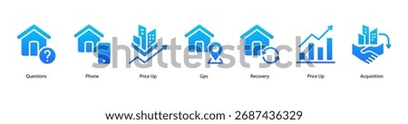 Financial Strategy web banner icon vector illustration featuring Questions, Phone, Price Up, Gps, Recovery, Price Up, and Acquisition.