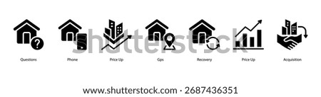 Financial Strategy web banner icon vector illustration featuring Questions, Phone, Price Up, Gps, Recovery, Price Up, and Acquisition.