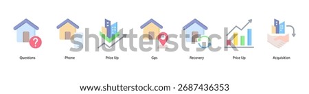 Financial Strategy web banner icon vector illustration featuring Questions, Phone, Price Up, Gps, Recovery, Price Up, and Acquisition.
