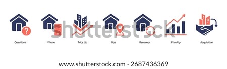 Financial Strategy web banner icon vector illustration featuring Questions, Phone, Price Up, Gps, Recovery, Price Up, and Acquisition.