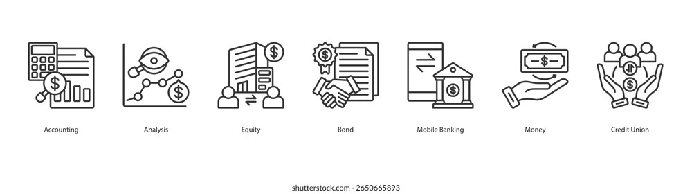 Financial Structure banner web icon set vector illustration concept with icon of accounting, analysis, equity, bond, mobile banking, money, credit union
