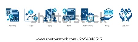 Financial Structure banner web icon set vector illustration concept with icon of accounting, analysis, equity, bond, mobile banking, money, credit union