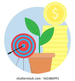 Financial success, achieving goals vector icon. Gold coin stack and sprout grow illustration