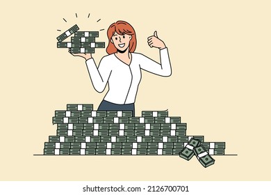 Financial success and big money concept. Smiling woman worker standing and holding heaps of cash money showing thumbs up sign vector illustration 