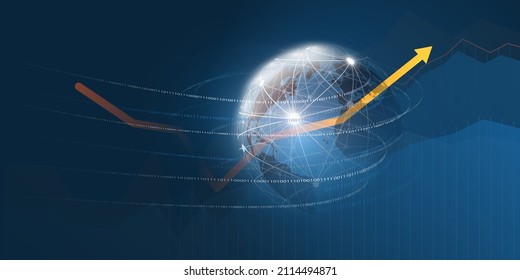 Financial Success -  Business Concept with Stats, Diagram Showing Growth and Flowing Binary Data Around Earth Globe - Futuristic Dark Blue Design, Vector Illustration