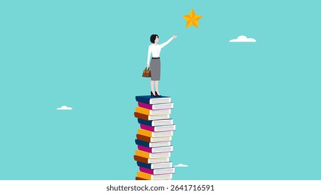 financial success with business opportunity, business woman climbing a pile of gold coins to reach the star of hope of success