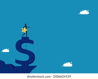 Financial success. Businessman holding a star on top of Money Mountain 