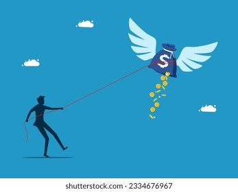 financial success. Businessman pulling a flying money bag