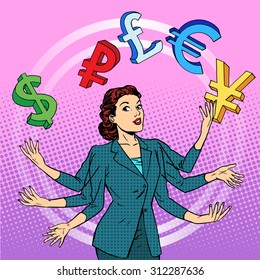 Financial success. Businesswoman juggling money business concept. Currency dollar pound euro yen dollar pound. Pop art retro style