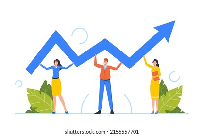 Financial Success, Career Growth, Investment, Cooperation Concept. Business Characters Teamwork, Team of Corporate Colleagues Holding Arrow Symbol, People Partnership. Cartoon Vector Illustration