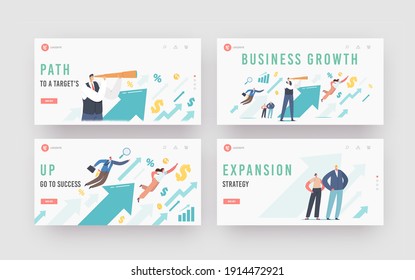 Financial Success, Career Growth Landing Page Template Set. Business People at Huge Rising Arrow Move to Success. Male Character with Spyglass Look on Growing Arrow Chart. Cartoon Vector Illustration