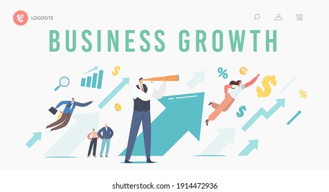 Financial Success, Career Growth Landing Page Template. Business People at Huge Rising Arrow Move to Success. Male Character with Spyglass Look on Growing Arrow Chart. Cartoon Vector Illustration