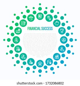 El éxito financiero en forma de círculo. Seguimiento de gastos, presupuesto, fondo de emergencia, tarjeta de crédito, propiedad de la vivienda, inversión, universidad de fondos, jubilación, higiene financiera. Iconos de línea delgada. Ilustración vectorial.