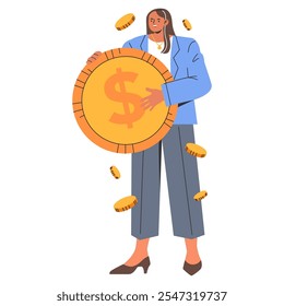 Concepto de éxito financiero. Una mujer de negocios maneja con confianza una Grande moneda entre el dinero que cae, lo que representa riqueza y logros. Ilustración vectorial.