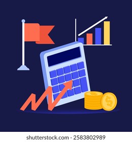 Financial success concept with calculator, coins, upward trending arrow, bar graph and flag