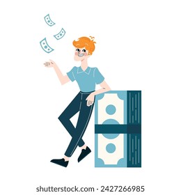 Financial success concept. Exuberant person with a big stack of money, tossing bills joyfully. Economic prosperity, investment returns. Flat vector illustration