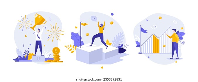 Financial success concept flat vector illustrations set. Business leadership and commercial growth. Winner cartoon composition for web design. Creative idea for website, mobile, presentation