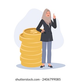 Financial Success concept. Islamic Businesswoman Showing Success with Coins by giving thumb up.