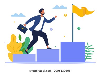 Financial success concept. Man with a briefcase in his hands runs up the stairs to the goal. A metaphor for sales growth. A successful business. Cartoon flat vector illustration on a white background