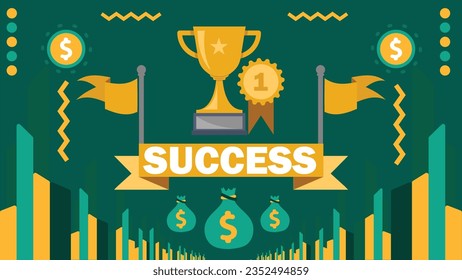 Financial success concept vector banner design with geometric shapes and patterns, finance icons such as trophy, money bag, first place ribbon and coins. Success modern graphic poster illustration.