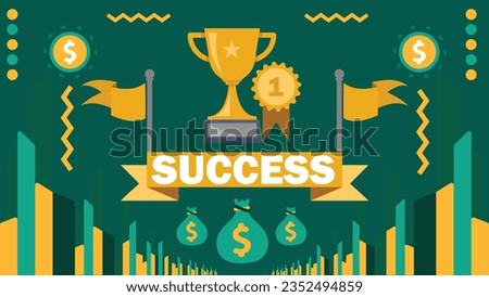 Financial success concept vector banner design with geometric shapes and patterns, finance icons such as trophy, money bag, first place ribbon and coins. Success modern graphic poster illustration.