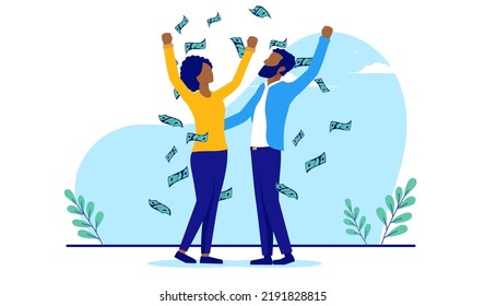 Financial success couple - Ethnic African man and woman cheering, making money and getting rich by having success. Flat design vector illustration with white background
