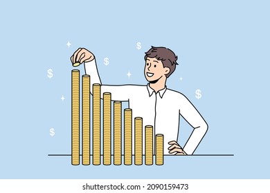 Financial success and development concept. Young smiling businessman standing putting coins upper and upper in stacks feeling positive dynamics vector illustration 