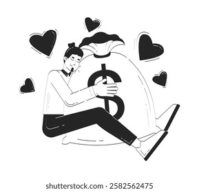 Financial success doodle line illustration concept. Caucasian male entrepreneur with cash. Happy businessman with money sack 2D outline character isolated. Hand drawn ink drawing monochrome