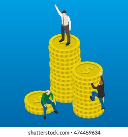 Financial success flat 3d web isometric illustration. Business concept. Happy and successful businessman winner on top of coins.