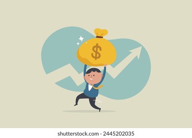 Concepto de objetivos de éxito financiero. Empresario caminando con un pesado saco lleno de dinero en efectivo. Ilustración vectorial