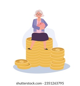 Financial Success. Happy Elderly Woman Holding Piggy Bank Sitting on Coin Stack. Flat vector cartoon illustration